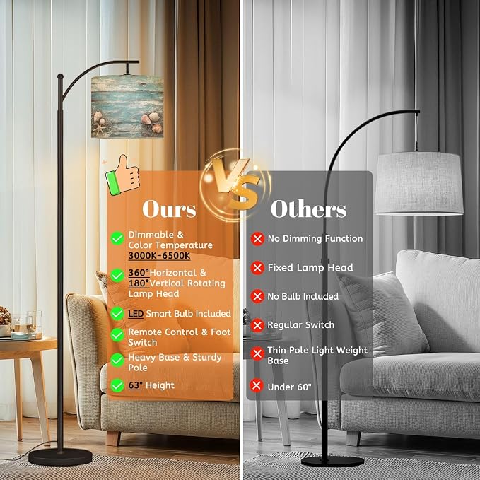 Arc Floor Lamp Starfish Shell Teal Beach Nature Seashells Fishing Net Weathered Wood Dimmable Modern Standing Lamp with Remote Adjustable Drum Shade Footswitch Tall Pole Lamp for Living Room Bedroom
