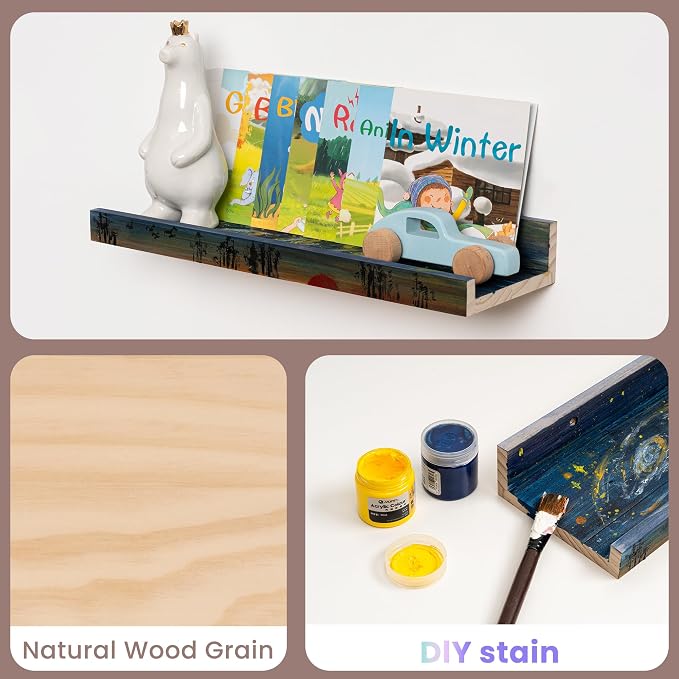 Floating Shelves for Wall, 24 inch Solid Wood Picture Ledge Shelf, Picture Shelf for Wall with Ledge, Floating Book Shelves for living room Bedroom Kitchen Nursery Decor, Natural Unfinished, Set of 2