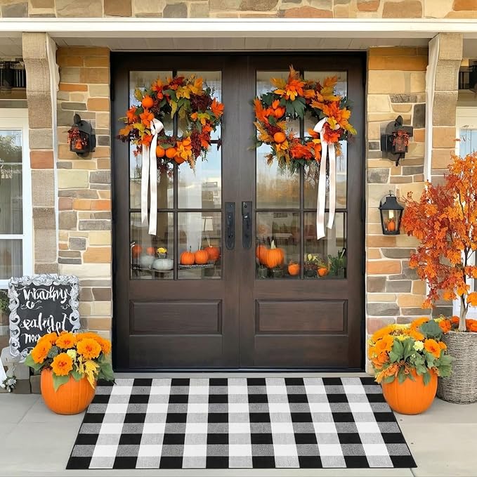Buffalo Plaid Outdoor Rug 3x5 Ft Black and White Checkered Area Rug Washable Doormats Indoor Outdoor Rugs for Layered Front Door Mats, Porch, Entryway, Kitchen, Farmhouse