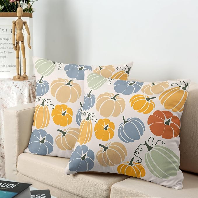 Fall Throw Pillow Covers 20x20 Set of 2 Orange Blue Pumpkins Pillow Covers Colorful Autumn Outdoor Pillow Case Cotton Blend Cushion Case for Couch Patio Bed Car