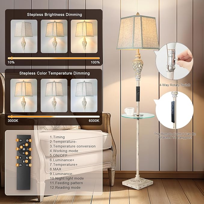 65" Rustic Floor Lamp with Nightlight, Stepless Dimming and Remote Control