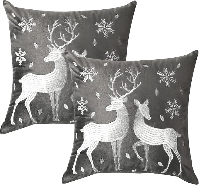 Lewondr Christmas Throw Pillow Cover with Deer Snowflake, 18"x18", 2 Pack | Gray, Soft Velvet, Embroidery Decorative, Luxurious Sofa Cushion Cover, Home Christmas Decoration