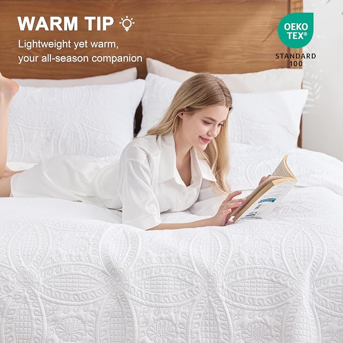 Love's cabin Oversized King Size Quilt Bedding Set White Bedspreads - Oversized King Lightweight Bedspread Comforter - Coin Pattern Coverlet for All Season - 3 Pieces (1 Quilt, 2 Pillow Shams)