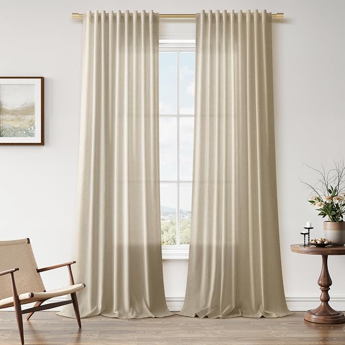 Linen Curtains 96 Inches Long for Living Room Back Tab Semi Sheer Floor to Ceiling 8ft Light Filtering Curtain Boho Farmhouse Decor Window Drapes for Bedroom 52x96 2 Panels Taupe Burlywood