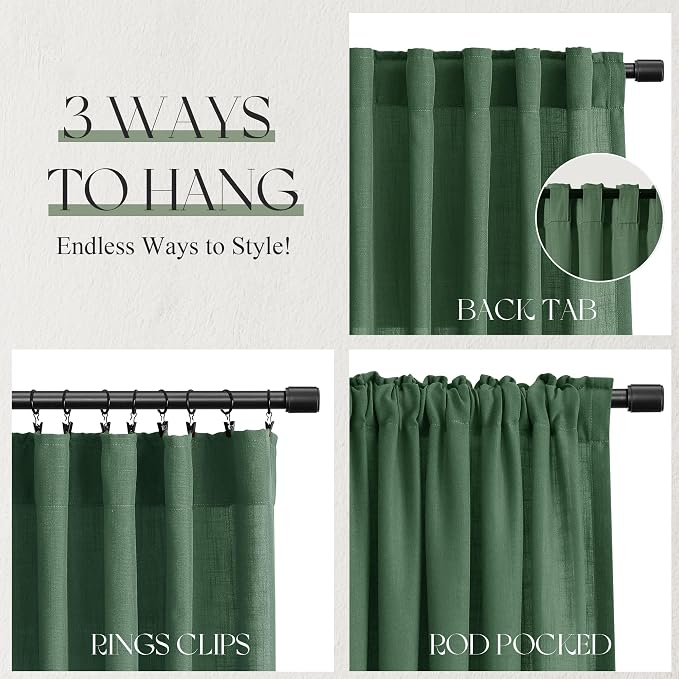 Jowels Green Linen Curtains 84 Inch Long 2 Panels for Living Room | Light Filtering Semi Sheer Curtain, Back Tab Pocket Pleated Look, Boho Farmhouse Textured Privacy Drapes for Bedroom Window