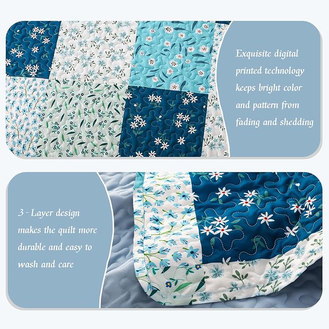 Whale Flotilla California King Size Quilt Set, Extra Soft Floral Bedspreads | Blue Reversible Lightweight Oversized King Quilt Bedding Set for Bed, Printed Coverlets with 2 Pillow Shams for All Seasons