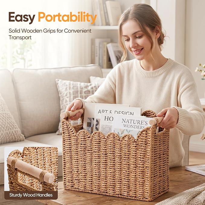 Handwoven Magazine Holder, Scalloped Edge Magazine Basket | Natural Paper Rope,Inner Iron Frame with Solid Wood Handles,For Books Newspapers Files, Office Living Room