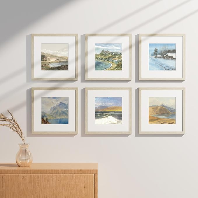 Vittanly 12x12 Picture Frames Set of 9 for Wall Mounting, Cornsilk | Display Pictures 8x8 with Mat or 12x12 without Mat for Wall Mounting, Square Photo Frames for Home Decor, Engineered Wood