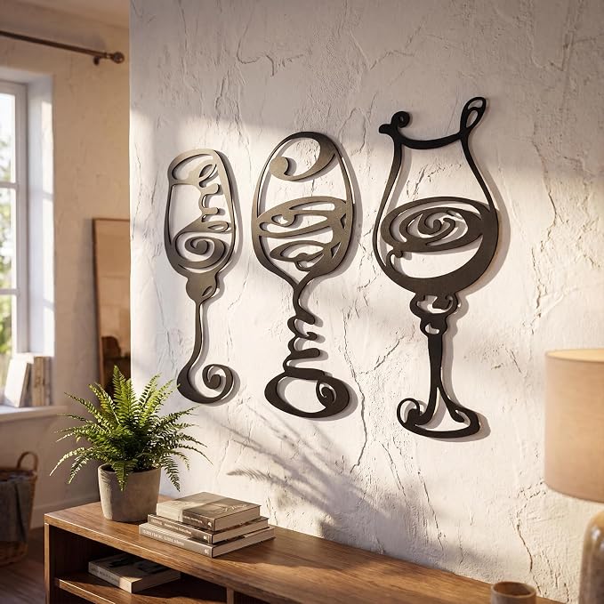 Otoolling 3 Pcs Wine Wall Art Black Metal Wine Sign 3 Style Modern Metal Bar Decor for Wall Drinker Gift for Dining Room and Entertaining Spaces (Abstract)