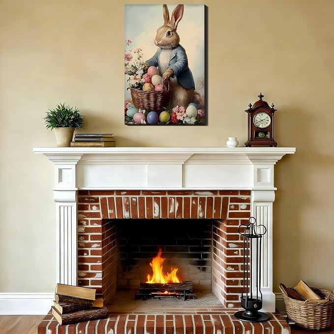 Vintage Easter Rabbit Eggs Canvas Art 12x18, Colorful Cozy Spring Bunny Pictures Wall Art, Perfect for Easter Bathroom Bedroom, Living Room Holiday Wall Decorations