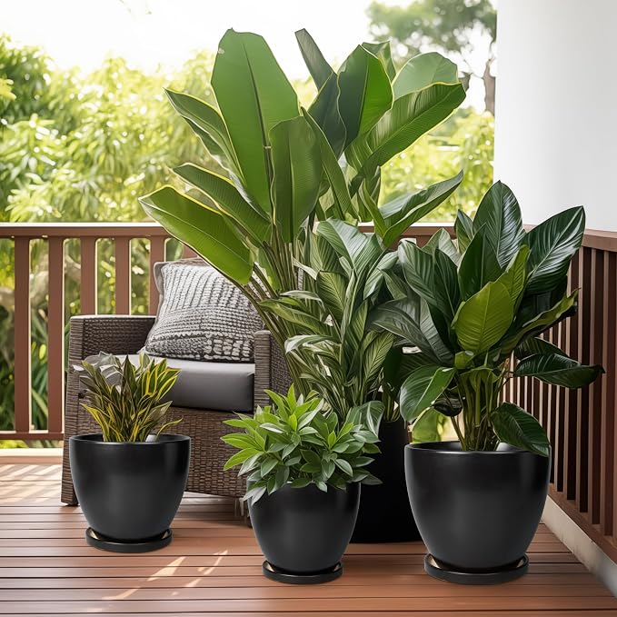 8 Inch Plant Pot - Ceraimc Planter for Indoor Outdoor Plants, Round Flower Pots with Drainage and Tray, House Decor, Black