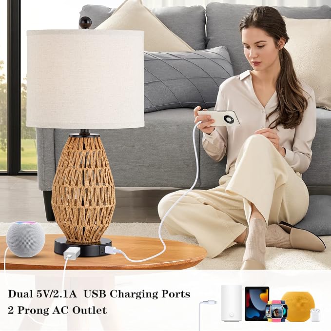 CINSARY Touch Control Rattan Table Lamps, 3 Way Dimmable Bedside Lamps for Bedroom Set of 2 with 2 USB Ports and AC Outlet, Wicker Nightstand Lamps for Living Room (LED Bulbs Included), Rattan