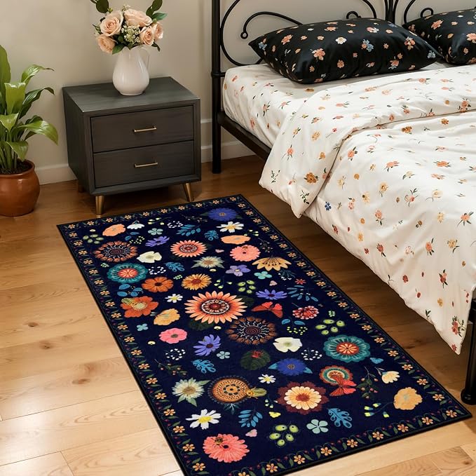 Ciicool 2x4 Small Rug for Entryway Runner Kitchen Floral Washable Area Rugs | Low Pile Soft Boho Non Slip Carpet for Entrance Hallway Laundry Bedroom Carpets