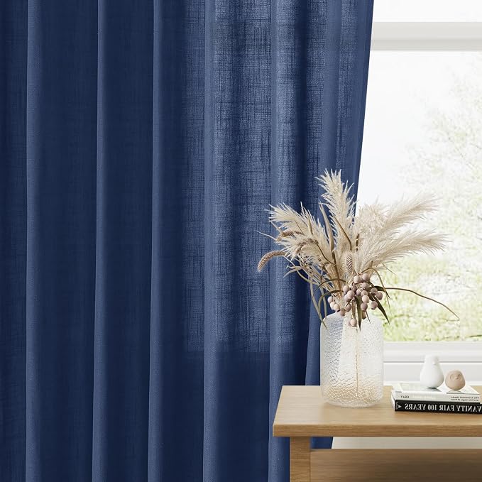 Denim Blue Linen Curtains 108 Inches Long 2 Panel Set Rod Pocket Semi Sheer Dining Room Cozy Bedroom Decor Cotton Look Country Rustic Farmhouse Boho Curtains 52x108