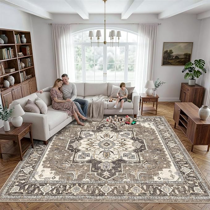 8x8 Area Rug Square for Living Room: Large Non-Slip Washable Rugs for Bedroom Dining Room Vintage Soft Low Pile Carpet Thin Stain Resistant Indoor Floor Mat for Home Office Apartment (Beige,8x8)
