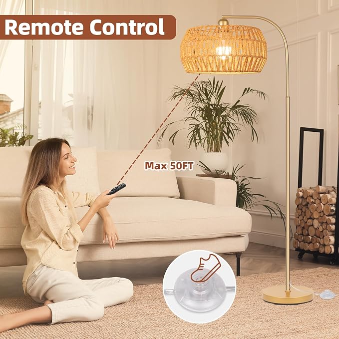 Brilvibera Boho Gold Farmhouse Floor Lamp- Rattan Lamp with Remote and Bulb