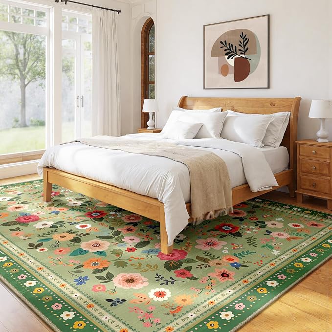 Washable Floral Area Rug for Living Room 5x7 Light Green | Non-Slip，Vacuum-Friendly, Low Pile, Flower Carpet for Bedroom Kitchen Entryway Dining Room Office Nursery