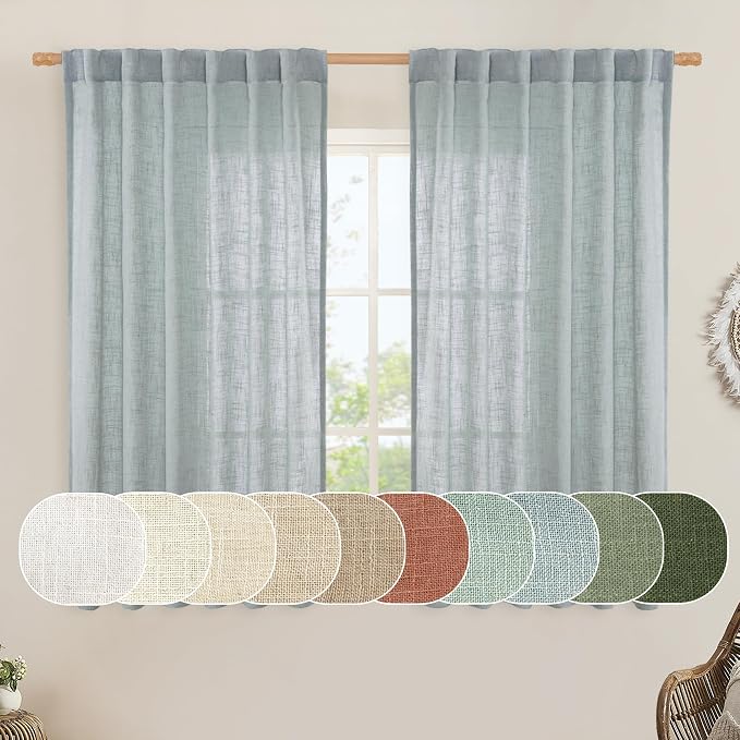 Greyish Blue Linen Curtains 45 Inches Long for Bedroom Kitchen Window | Light Filtering Panels, Semi Sheer, Neutral Drapes for Living Room, Loft Room, Rod Pocket Back Tab, 52 x 45 Inch, 2 Panels