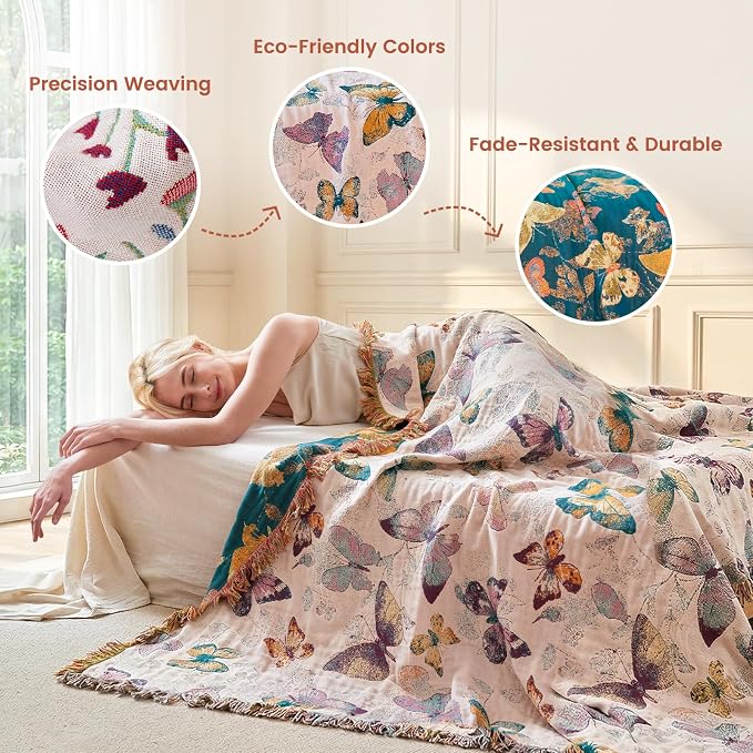 MSGKV Boho Throw Cotton Butterfly Blanket 50"x60" for Couch Sofa Decor | Muslin Cotton Throw, Butterfly Pattern, Chair Throw, Breathable Summer Blanket, Farmhouse Decor, Home Decor, Machine Washable