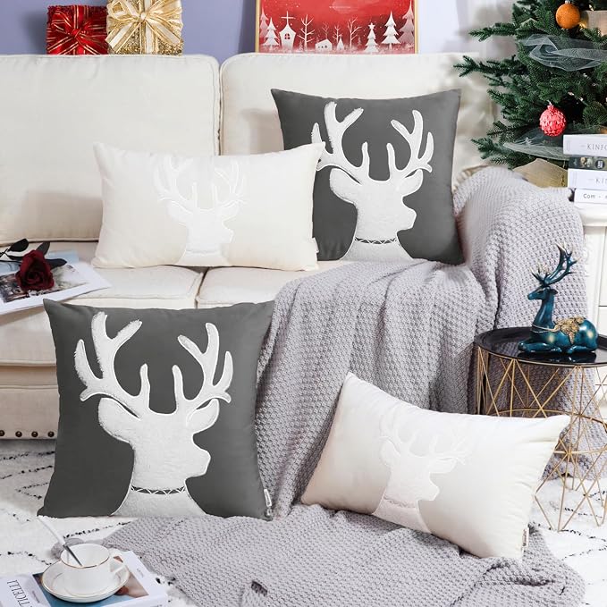 BRAWARM Christmas Pillow Cover 18 X 18 Inches, Gray Reindeer Embroidered Pillow Cover, Soft Velvet Decorative Throw Pillow for Couch Bed Sofa Living Room Home