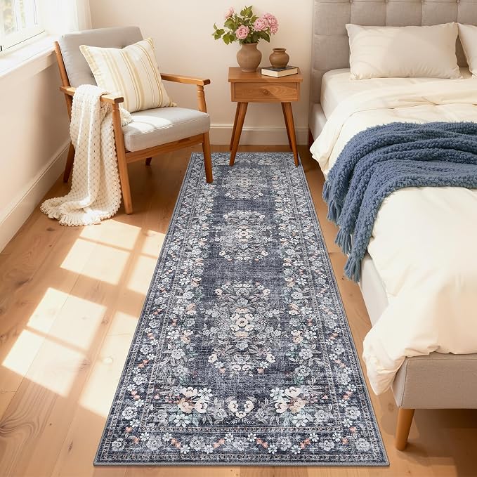 GarveeHome Runner Rug 2x8 for Hallway Beige Leaf Flower Throw Rug | Floral Vintage Distressed Long Runners for Laundry Non-Slip Low Pile Machine Washable Area Rug for Kitchen Bathroom Porch