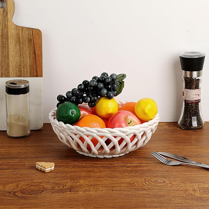 OwnMy Ceramic Fruit Bowl for Kitchen Counter, Round Ceramic Fruit Basket