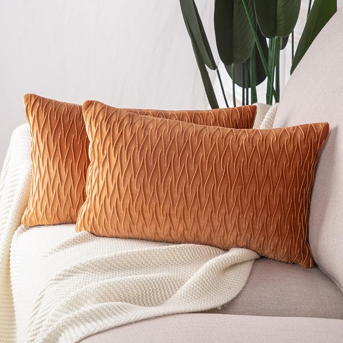 MADIZZ Set of 2 Super Soft Velvet Decorative Throw Pillow Covers 12x20 inch Orange Rectangular with Texture Luxury Style Cushion Case Pillow Shell for Sofa Bedroom