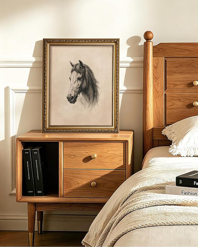 WHASAYART Vintage Horse Portrait 13x16 Gold Framed Wall Art Canvas Print | Rustic Farmhouse Animal Sketch, Neutral Beige Equestrian Artwork for Living Room Bedroom Office Wall Decor