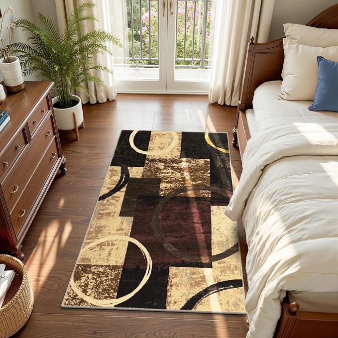 Yamaziot 3x5 Washable Modern Abstract Area Rug Non-Slip Entryway Rug | Stain Resistant Kitchen Rug with Rubber Backing, Low Pile, Ultra Soft Carpet Rug for Bedroom, Laundry, Entryway, Brown