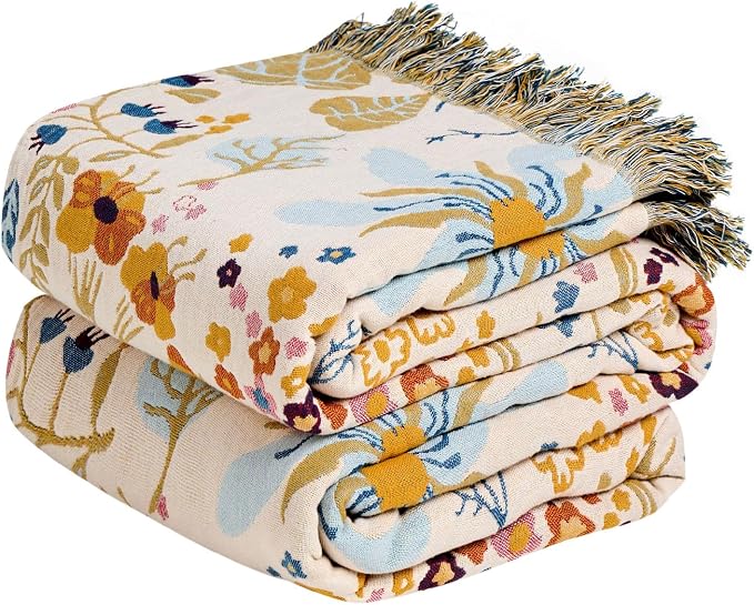 MSGKV Boho Throw Blanket 50"x60" 100% Cotton Floral Blanket Couch Decor | Muslin Blanket, Floral Pattern, Chair Throw, Summer Breathable, Lightweight, Farmhouse Decor, Home Decor, Machine Washable