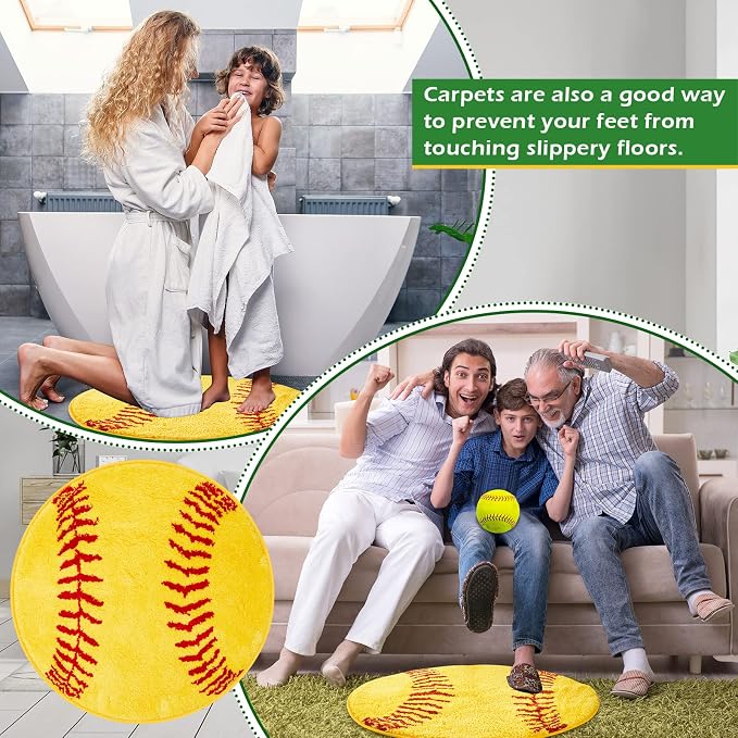 Funtery 25.5" Round Softball Rug for Girls Room Decor, Plush Washable Sports Bath Mat & Non-Slip Absorbent Aesthetic Carpet for Teen Bedroom Bathroom College Dorm Room Back to School Aesthetic Gift