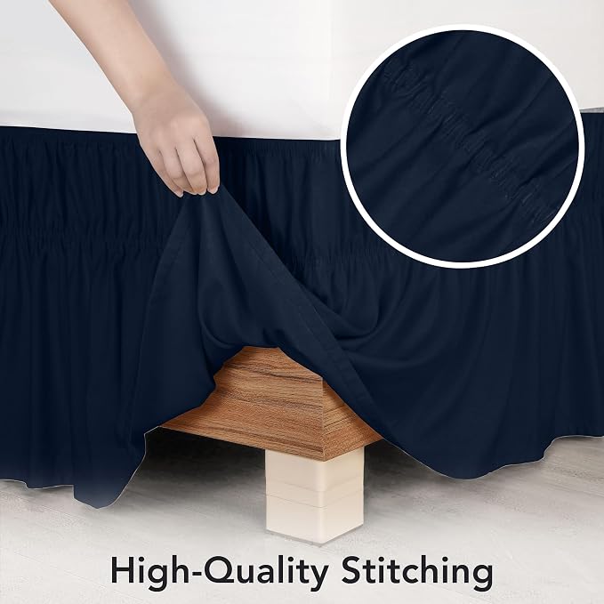 Wrap Around Queen Bed Skirt, Easy Fit Elastic Belt, 16 Inch Drop, Navy | No Mattress Lifting, Stay-Put Design, Adjustable Buckle & Elastic Belt, Wrinkle & Fade Resistant, Brushed Microfiber