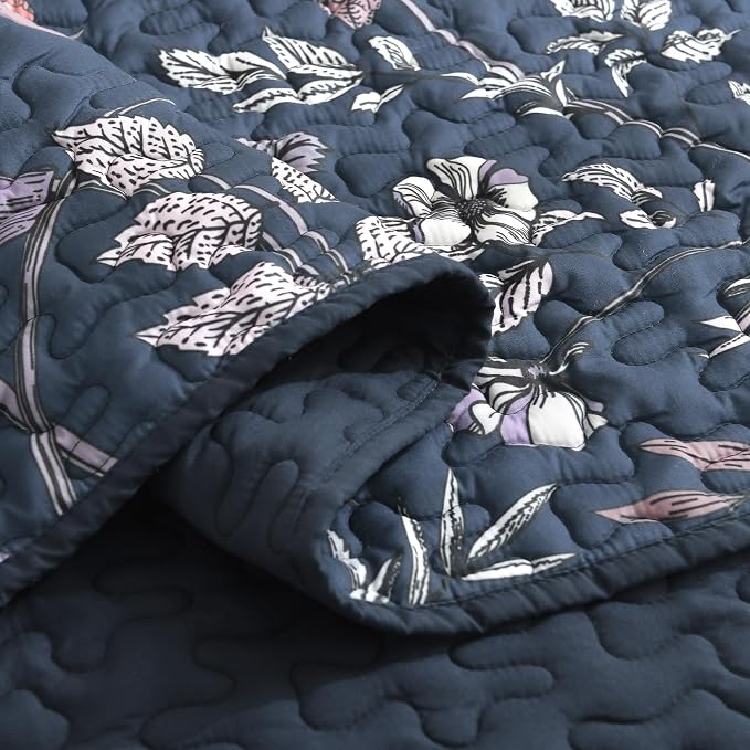 Litanika Floral Dark Blue Quilt - 3Pcs Botanical Birds Pattren Bed Set | Super King Plus Bedspread Summer Lightweight Soft Coverlet with Pink Flower for All Seasons(128"x120")