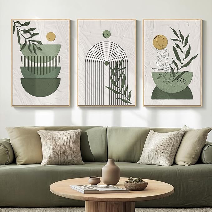 Large Framed Sage Green Boho Abstract Wall Art for Living Room, 24x36 Inch | Bohemian, Canvas prints, Large, Botanical leaf, 3 piece, Minimalist, Mid century modern, Geometric, Wall decor for bedroom
