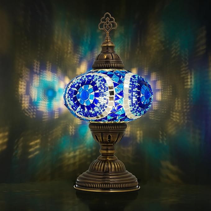 Turkish Lamp, Mosaic Table Lamp, Antique Moroccan Decorative Glass Bohemian Vintage Lamp Shade, Small Desk Tiffany Bedside Stained Glass Lamp with US Plug and E12 Socket