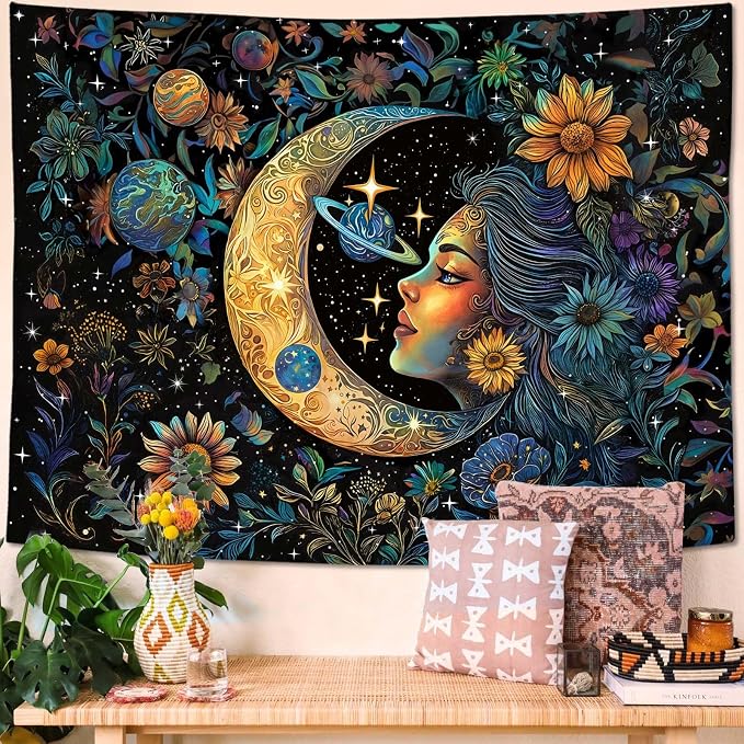Accnicc Sun and Moon Tapestry for Bedroom Hippie Boho Floral Flower Plant Wall Tapestry Aesthetic Vintage Galaxy Celestial Star Spiritual Large Tapestries Wall Hanging for Living Room Dorm 48 x 36 Inch