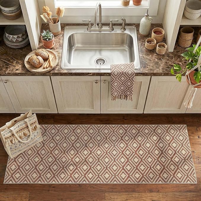 jinchan 2x6 Faux Jute Runner Rug Washable Hallway Rug Terracotta Brown | Vintage Geometric, Non-Slip, Low Pile, Indoor Outdoor, High-Traffic, Kitchen, Bathroom, Laundry, Porch, Balcony, Entryway