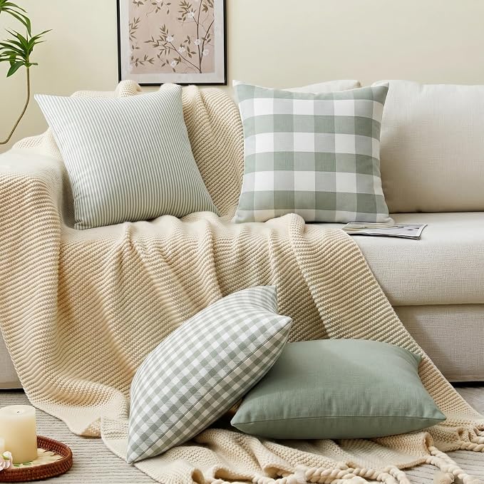 Sage Green Farmhouse Striped Outdoor Throw Pillow Cover 18x18 Set of 2 | Soft & Breathable Couch Pillow Cases, Green Outdoor Pillow Covers 18 x 18,Sage Green Farmhouse Decorative Couch Pillow Covers