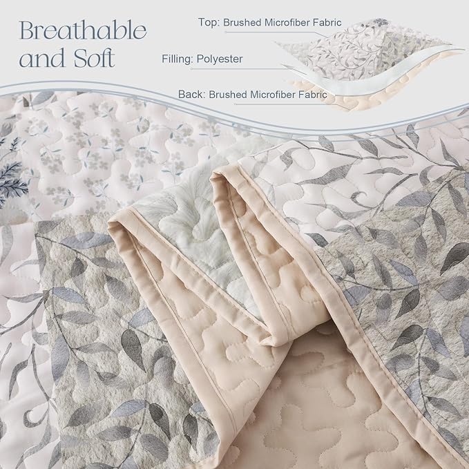 Exclusivo Mezcla Reversible Boho Quilts Queen Size Gray | Lightweight Soft Bedspreads, All Season Patchwork Coverlet Bedding Set, Printed Floral Pattern, 1 Quilt and 2 Pillow Shams