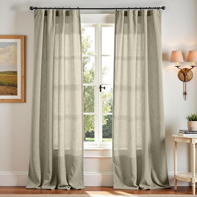jinchan Linen Curtains Light Filtering Back Tab 50x96 Inch 2 Panels Green | Semi Sheer Curtains 96 inch length for Bedroom Living Room, Modern Farmhouse Drapes with Rod Pocket, Natural Boho Curtains