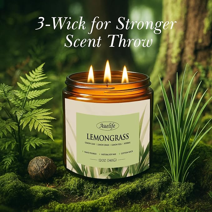 Lemongrass Scented Candle, 3-Wick Jar Candle,12oz Natural Soy Wax | Indoor & Outdoor Use; Fresh Lemongrass Fragrance; 50 Hour Burn; Patio, Camping & Garden; Summer Gift