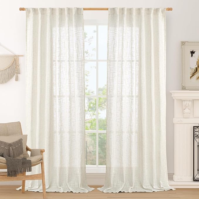 Cream Linen Curtains 84 inch Length for Living Room 52 x 84 Inch | Light Filtering, Semi Sheer Panels, Neutral Drapes, Curtains for Bedroom, Window Treatment, Rod Pocket Back Tab, 2 Panels