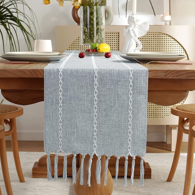 Wracra Rustic Linen Table Runner, Dusty Blue Table Runners 72 inches Long | Raised Embroidered Design and Hand-Tassels;Cotton Linen Woven Fabric; Farmhouse Table Runner;Home Kitchen Dining Decor