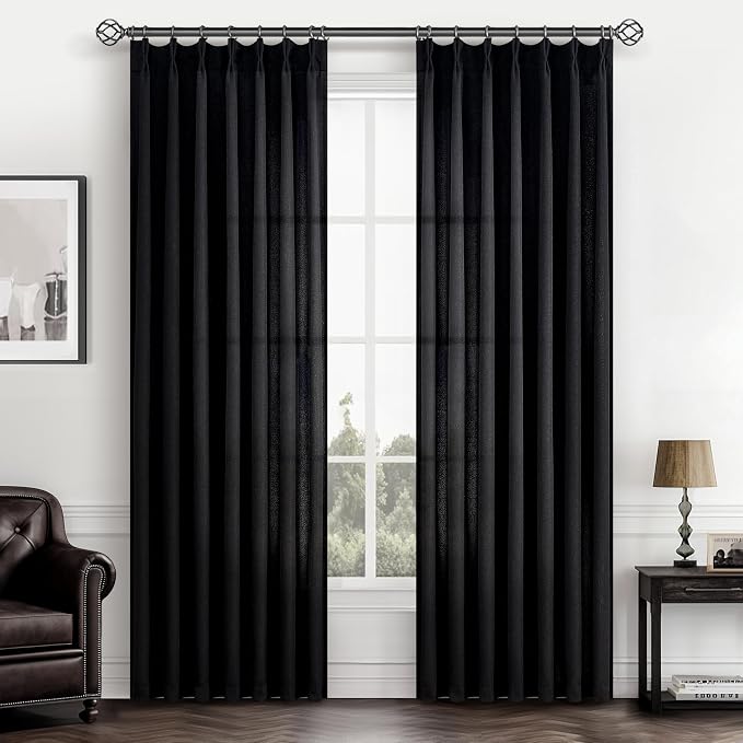 Black Viral Sheer Curtains 84 Inches Long for Living Room 2 Panels Set, Modern Pinch Pleat Textured Linen Bedroom Curtain Light Filtering Privacy Aesthetic Window Drapes for Ceiling Track 84 Inch Burg
