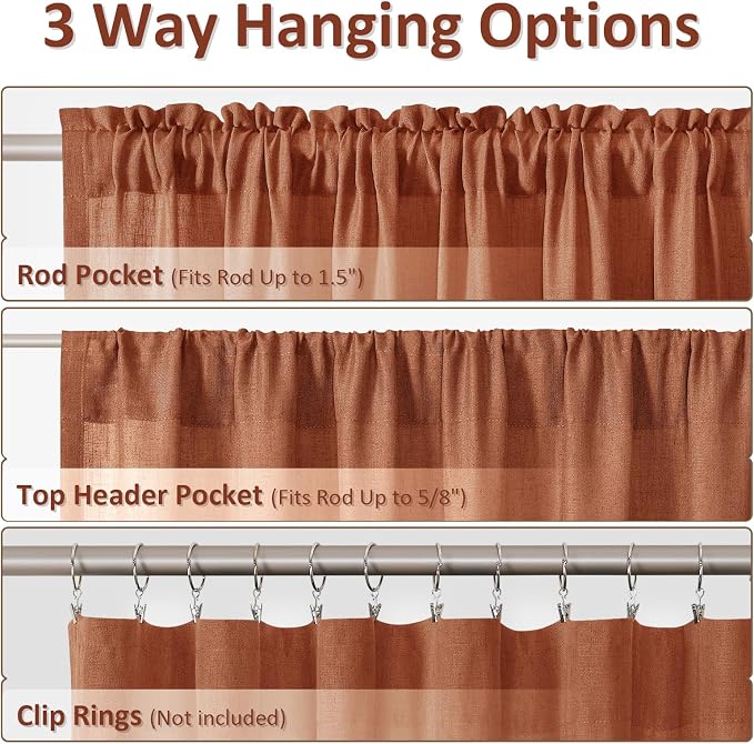 Terracotta Linen Curtains 96 Inch Length for Living Room Bedroom 2 Panels Set Rod Pocket Light Filtering Semi Sheer Window Curtains 52 Inch Width Boho Farmhouse Linen Drapes, W52xL96