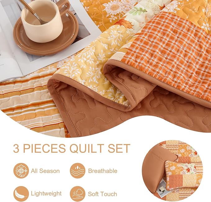 Mybedsoul Orange Boho Quilts Queen Size, Patchwork Floral Fall Bedding Set | Soft Lightweight Microfiber Floral Coverlet Set, 3 Pieces Plaid Floral Bedspread, Bed Sets for All Seasons 90"x96"