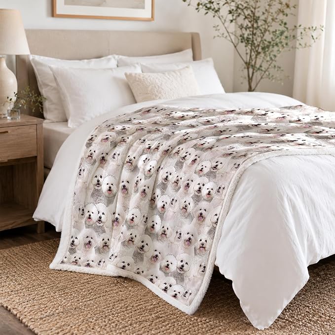 BlessLiving Throw Blanket, White Dog Animal Gift, 60x80 in | sherpa fleece fabric, Bichon Frise Dense Pet Blankets Puppy print, for couch or sofa, pet lovers, easy machine care