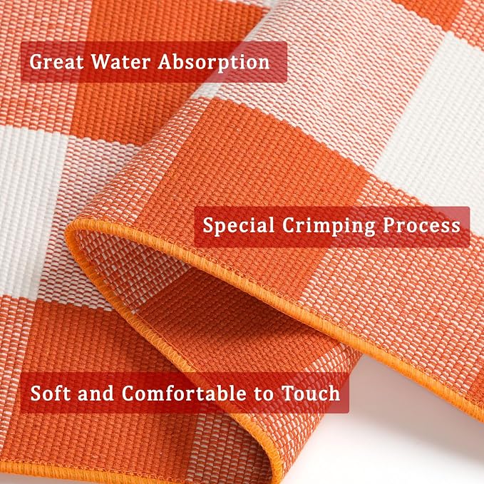 Buffalo Plaid Outdoor Rug 3x5 Ft Orange and White Checkered Area Rug Halloween Washable Doormats Fall Indoor Outdoor Rugs for Layered Front Door Mats, Porch, Entryway, Kitchen, Farmhouse