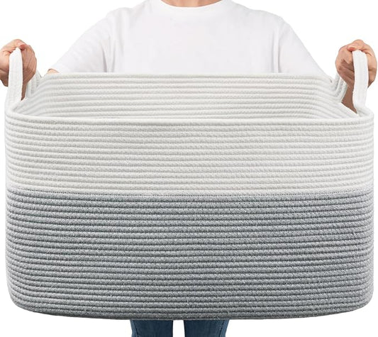 Goodpick Large Woven Rope Blanket Basket, Rectangle, White Gray | 21.6'' x 14.9'' x 11.8'' Storage Basket for Toys, Blankets & Clothes, Nursery & Bedroom Organization, Reinforced Handles