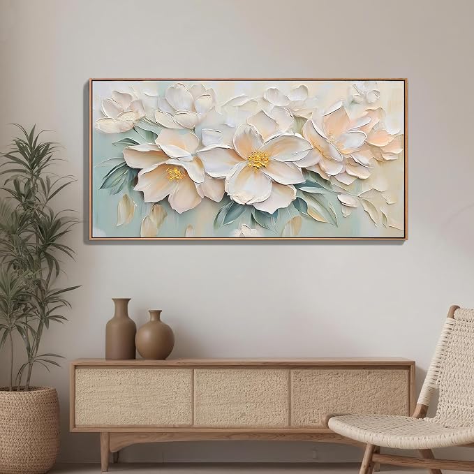 Anolyfi Framed Floral Extra Large Canvas Wall Art for Living Room 58"x29" | Real Wood Framed,HD Print and Hand-painted Textured, Easy to Hang, Botanical Sage Paintings for Hallway Bedroom Office Decor